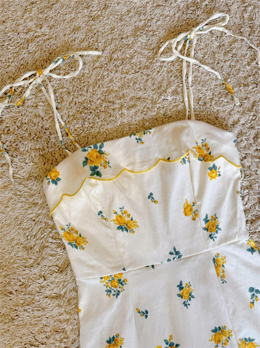 Tie Strap Yellow Floral Split Mini Dress