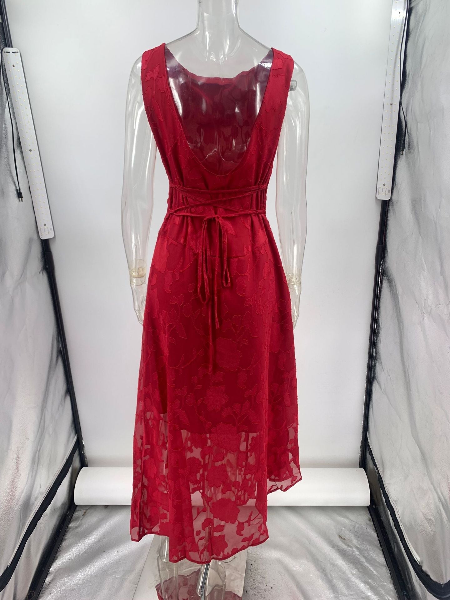 red Lace Backless Jacquard Irregular Dress