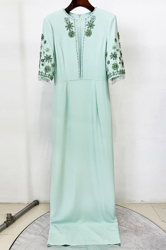 mesh splicing bead diamond mid-sleeve mint green long dress