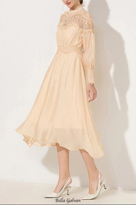 cecilia apricot Lantern sleeves openwork wavy trim midi dress