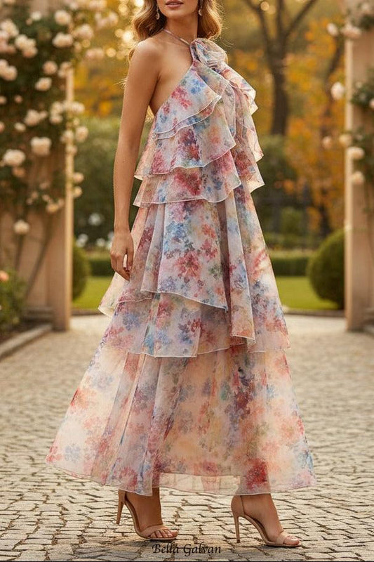 susie multicolor floral print layer halter midi dress