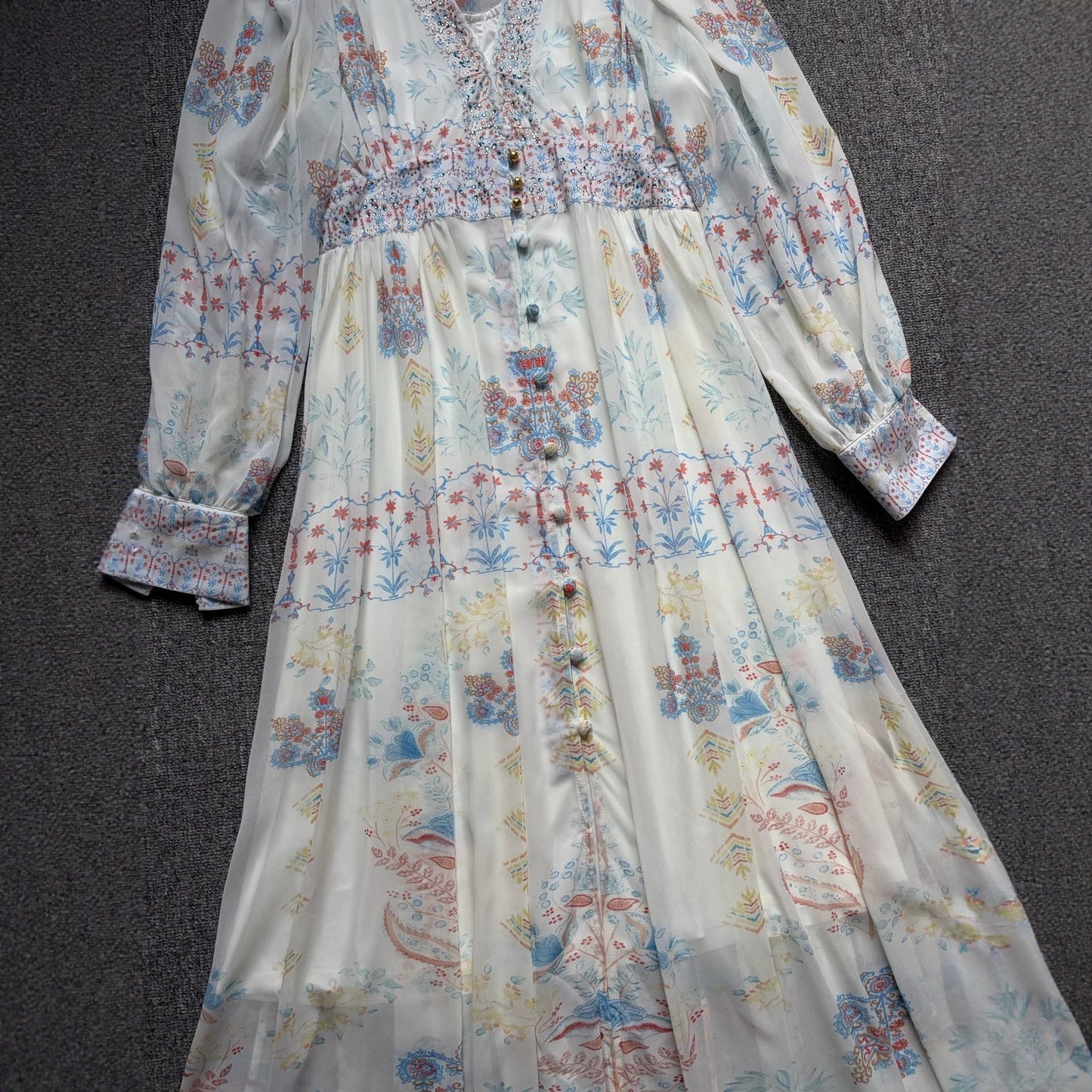 lesley Printed V-neck lantern sleeve slit maxi dress - blue