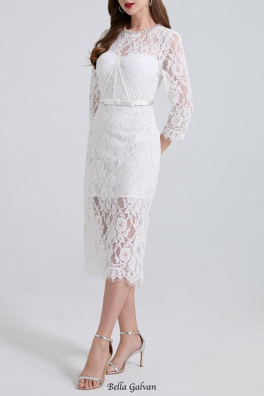 bernice rhinestone fishbone lace midi dress in white