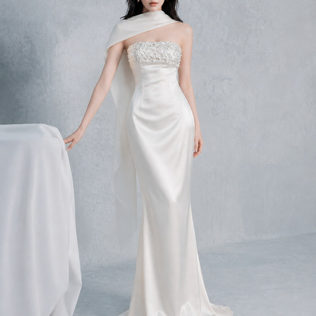 sylvia rhinestone embellish strapless satin maxi dress - white