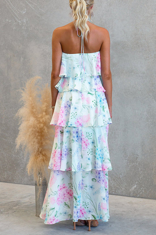 Floral Ruffle Halter Neck Midi Dress - blue