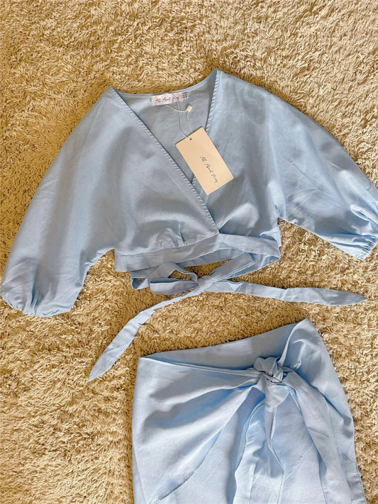 blue wrap-up bat sleeve cotton-linen set two-piece set