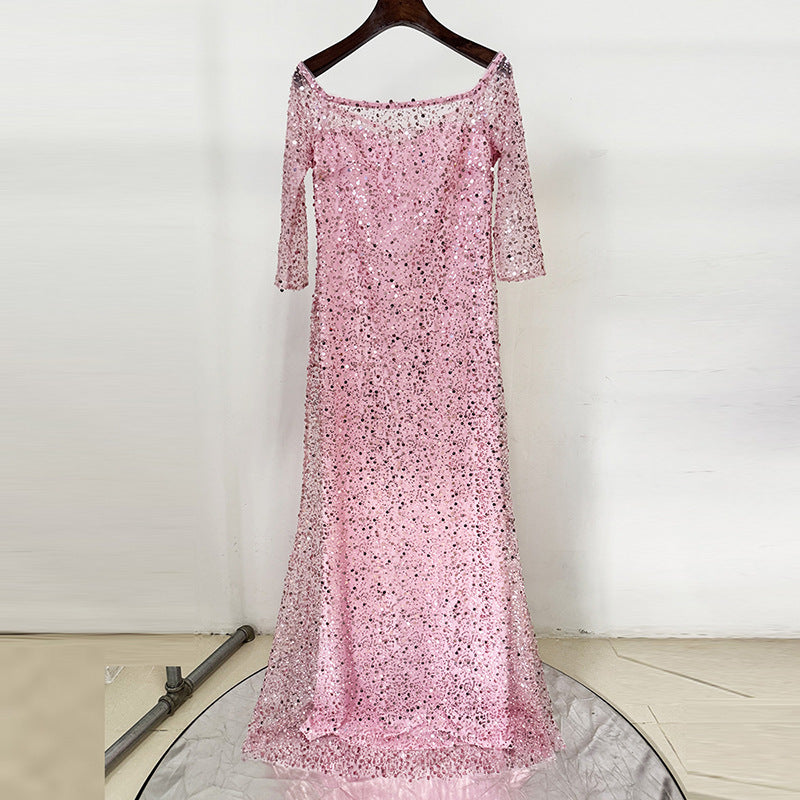 pink one-line neck nail bead sequin mesh long dress