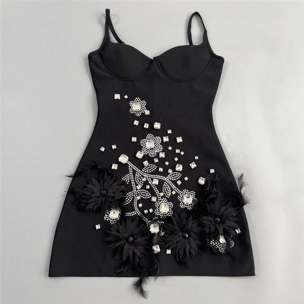 hedy Rhinestone Feather Bandage Strappy mini Dress - black