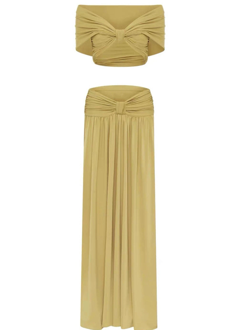pleated top & maxi skirt set - gold