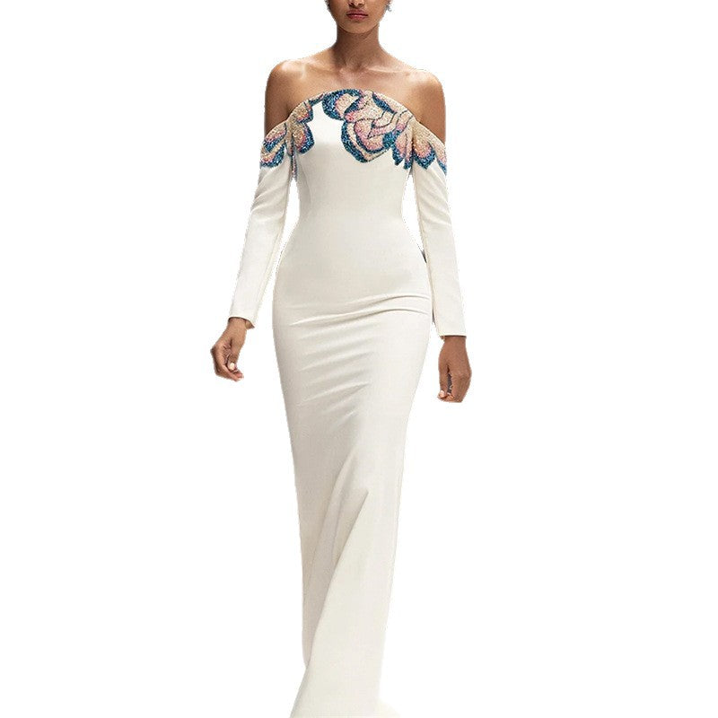 white off-shoulder collars nails beads diamond maxi dress