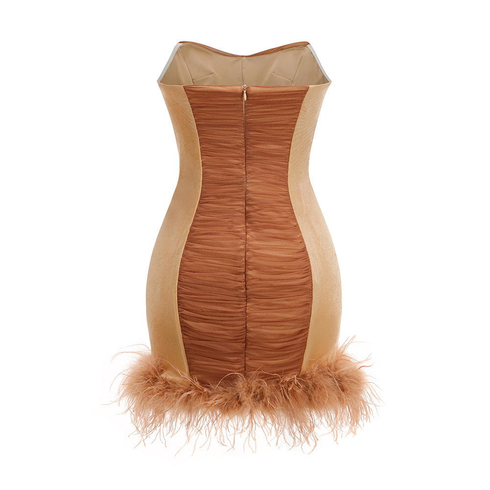 anna rhinestone embellished feather strapless mini dress in pale brown