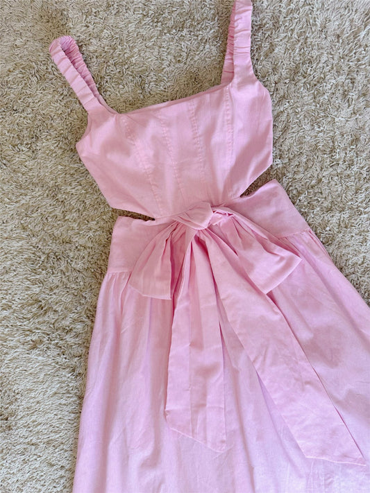pink bow waist-revealing square neck cotton-linen dress