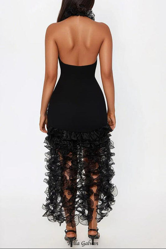 marina ruffle trim halter bodycon mini dress - black