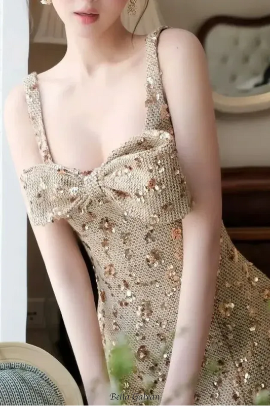anila sequin bow slip mini dress in gold