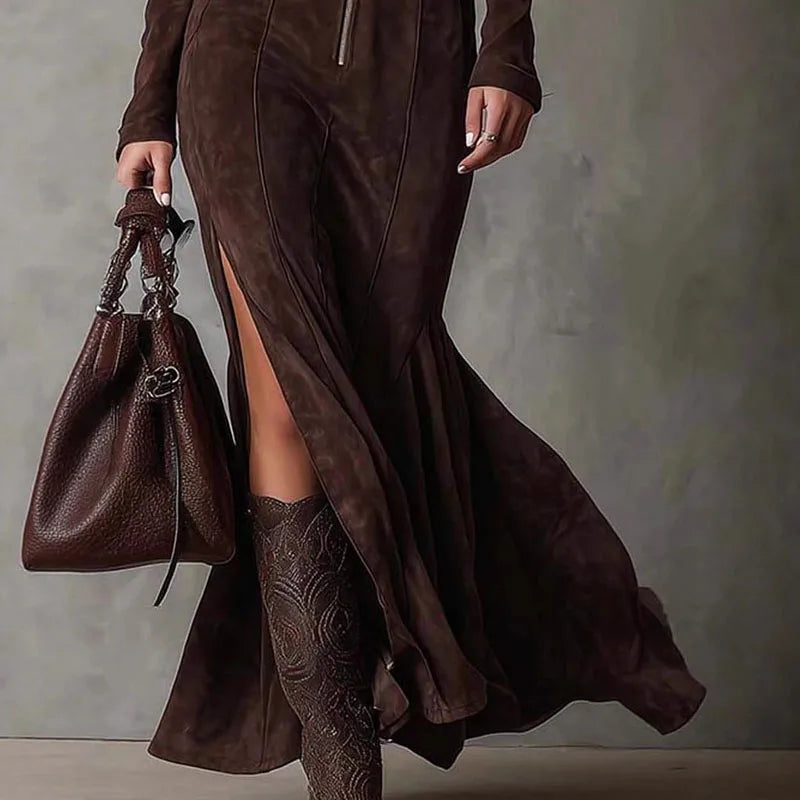Belt Solid Long Sleeve Slim Fit Maxi Dress