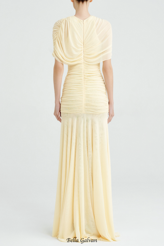 Suttoa Mesh Shawl Ruched Maxi Dress - Yellow
