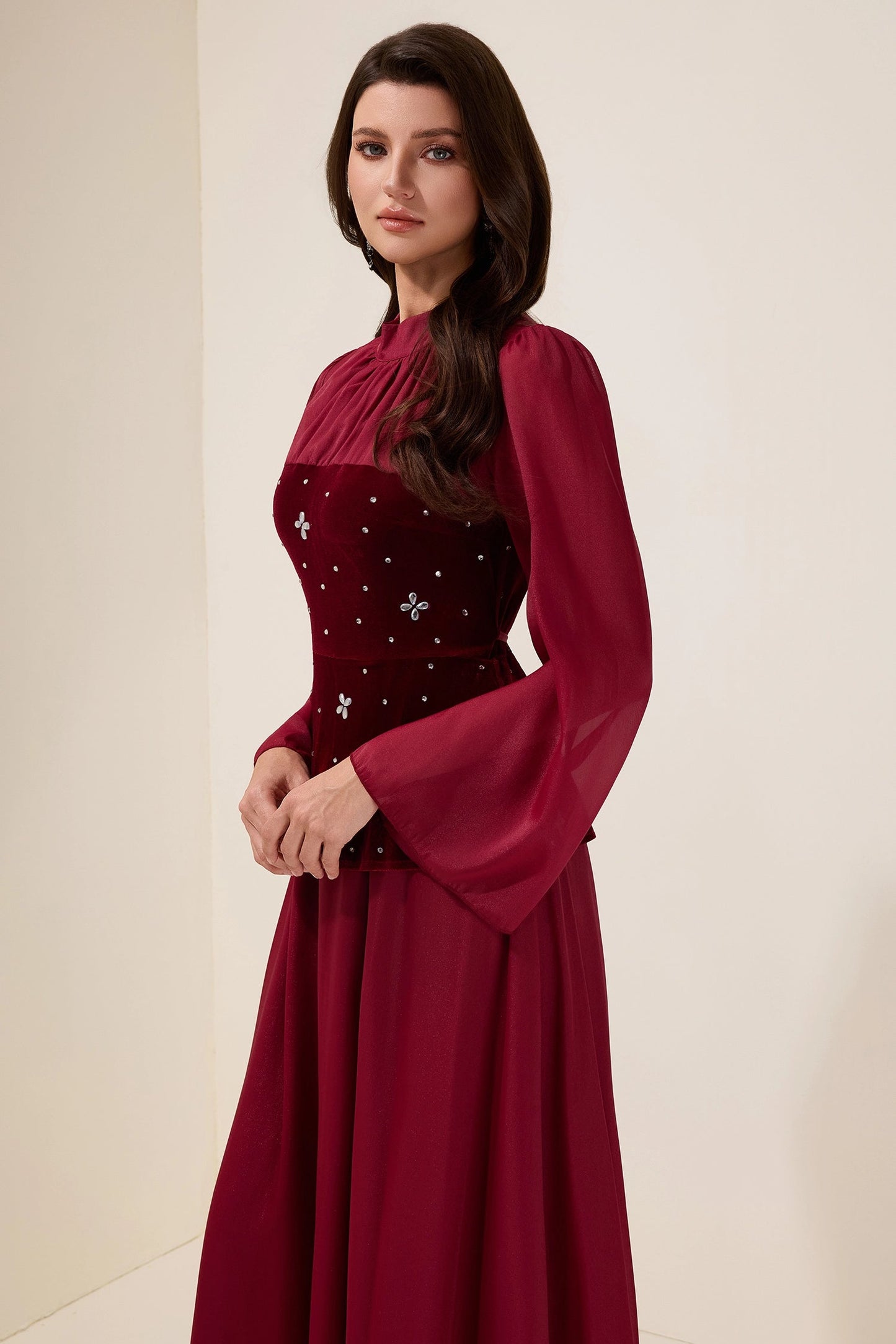caroline Rhinestone Velvet Splicing Maxi Dress - burgundy