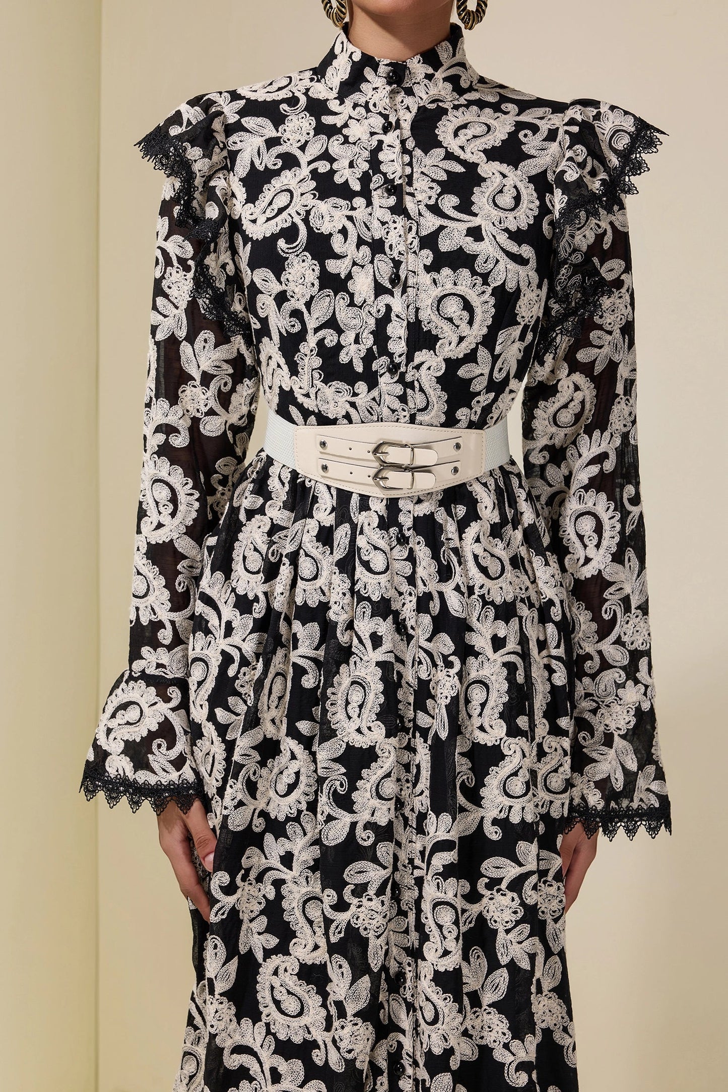 alma Chiffon Embroidered Single Breasted Midi Dress With Belt - black