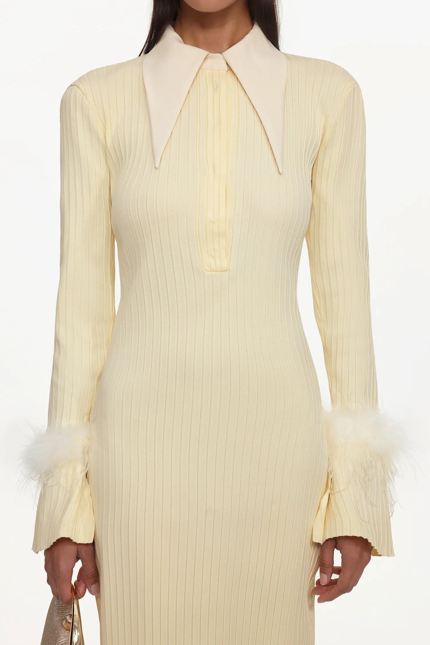 irma yellow Long Sleeve Feather Knit Maxi Dress