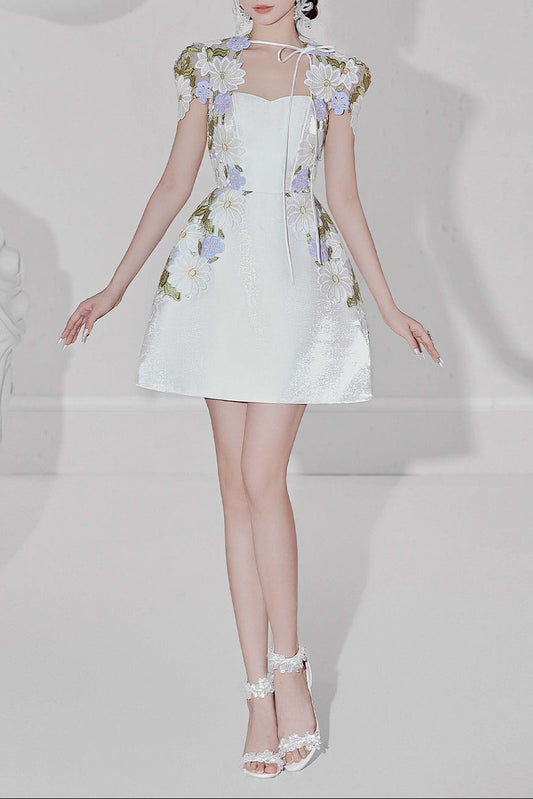 White Floral Embroidered Mini Dress with Sheer Cap Sleeve Bolero