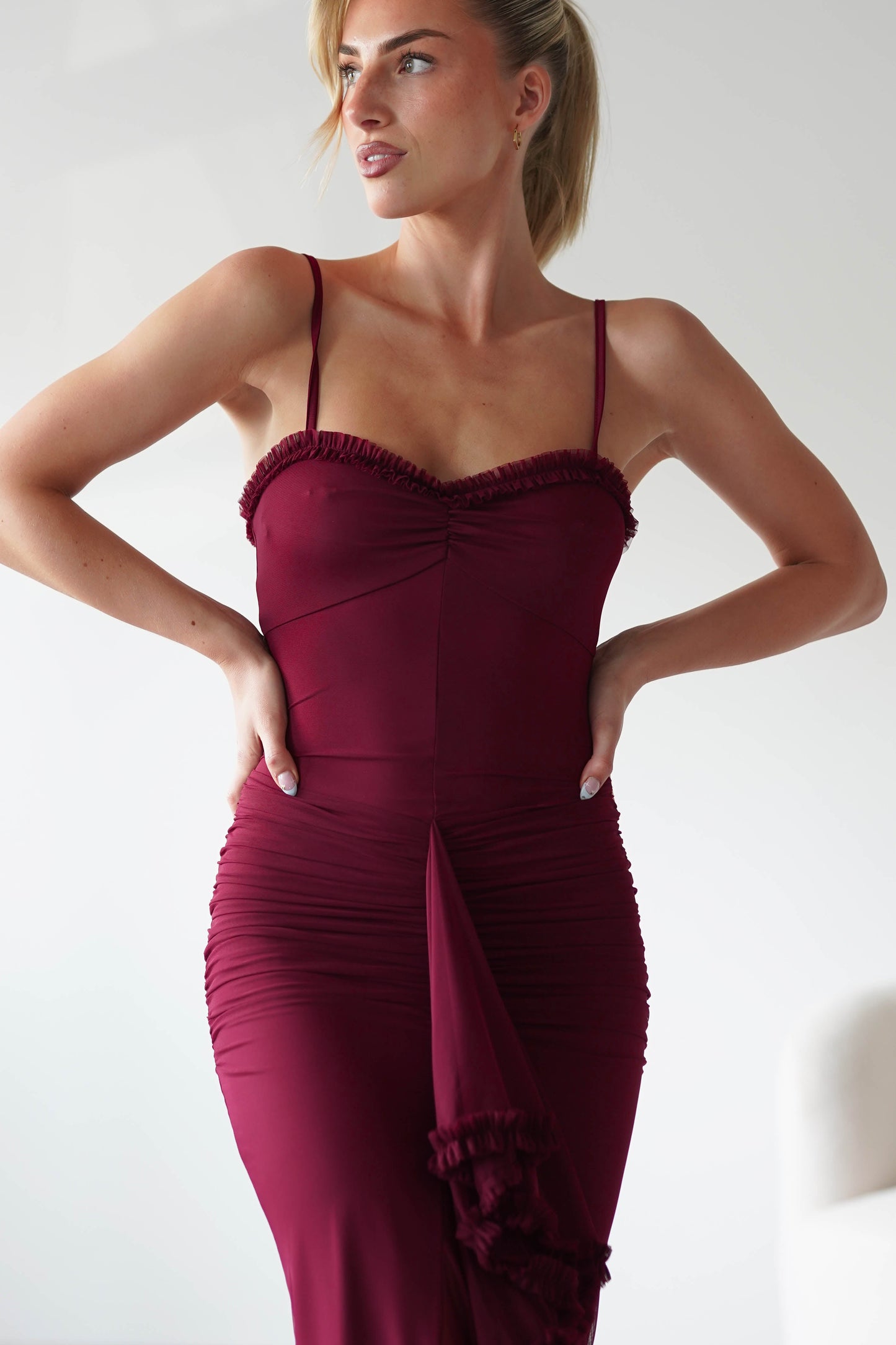 claire burgundy Irregular Ruffle Breathable Maxi Dress