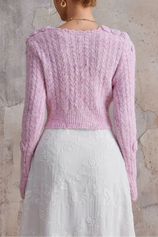 anna Pink 3d flower V-neck sweater