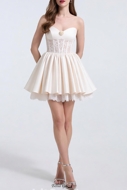 helen white flower Strapless lace satin mini dress