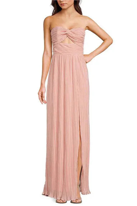 Strapless pleated maxi dress in pink with a flowy design and front cutout, featuring a zipper and elastic back.