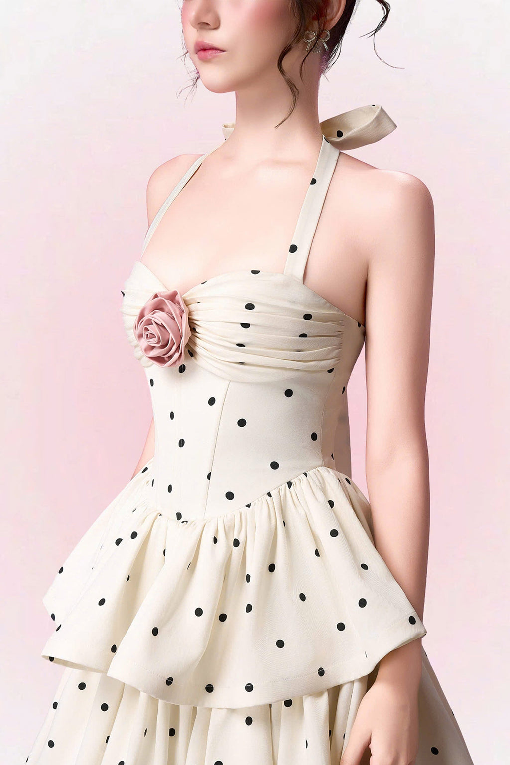 roberta Polka dots Applique Halter layer Midi Dress - apricot