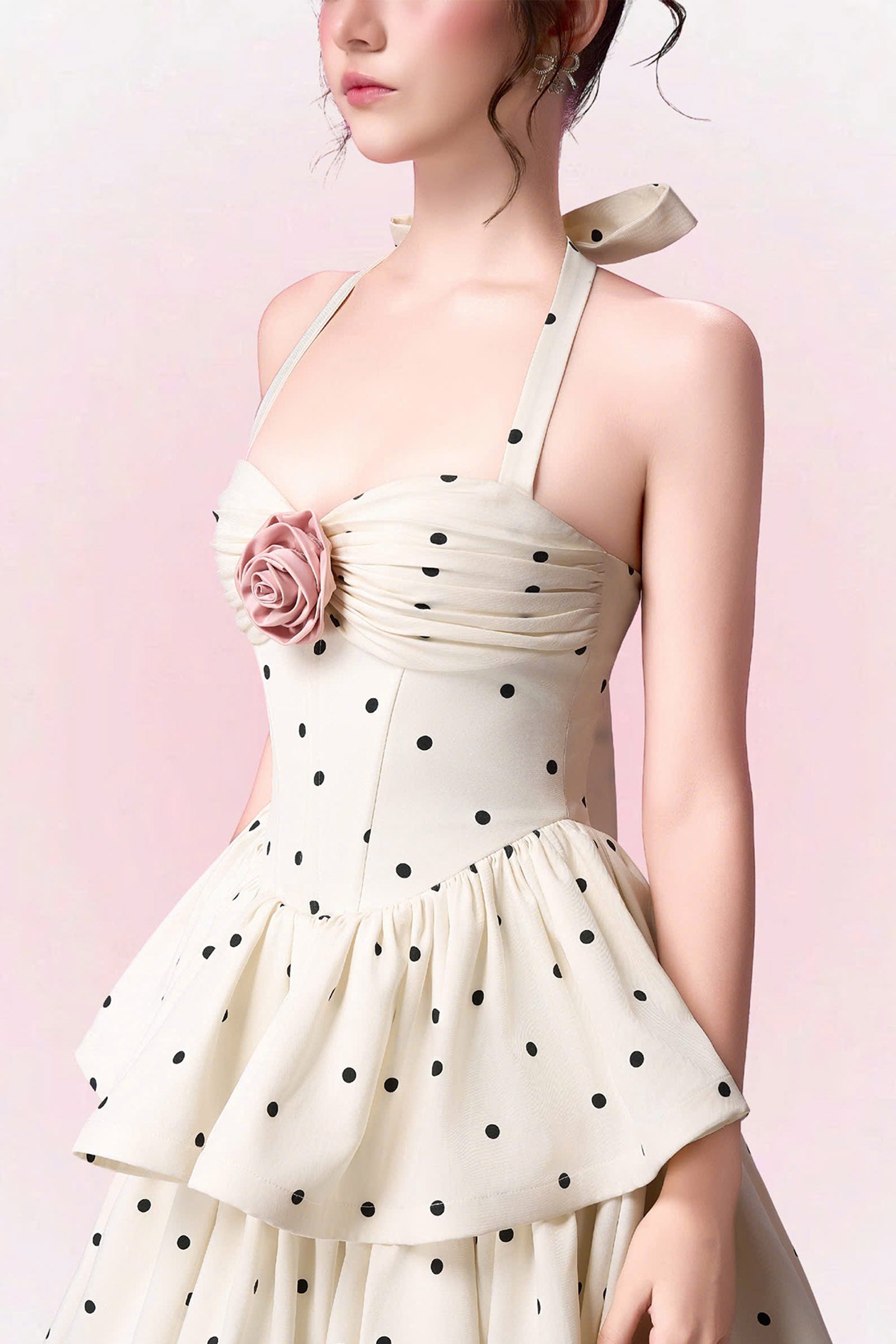 roberta Polka dots Applique Halter layer Midi Dress - apricot