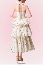 roberta Polka dots Applique Halter layer Midi Dress - apricot