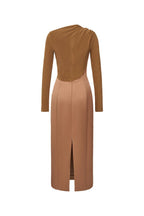 Flowering Girl Women Eleanor Sheath Asymmetric Neck Taffeta Midi Dress in brown