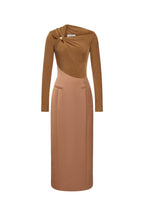 Flowering Girl Women Eleanor Sheath Asymmetric Neck Taffeta Midi Dress in brown