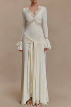 pamela V-neck lace see-through maxi dress in white