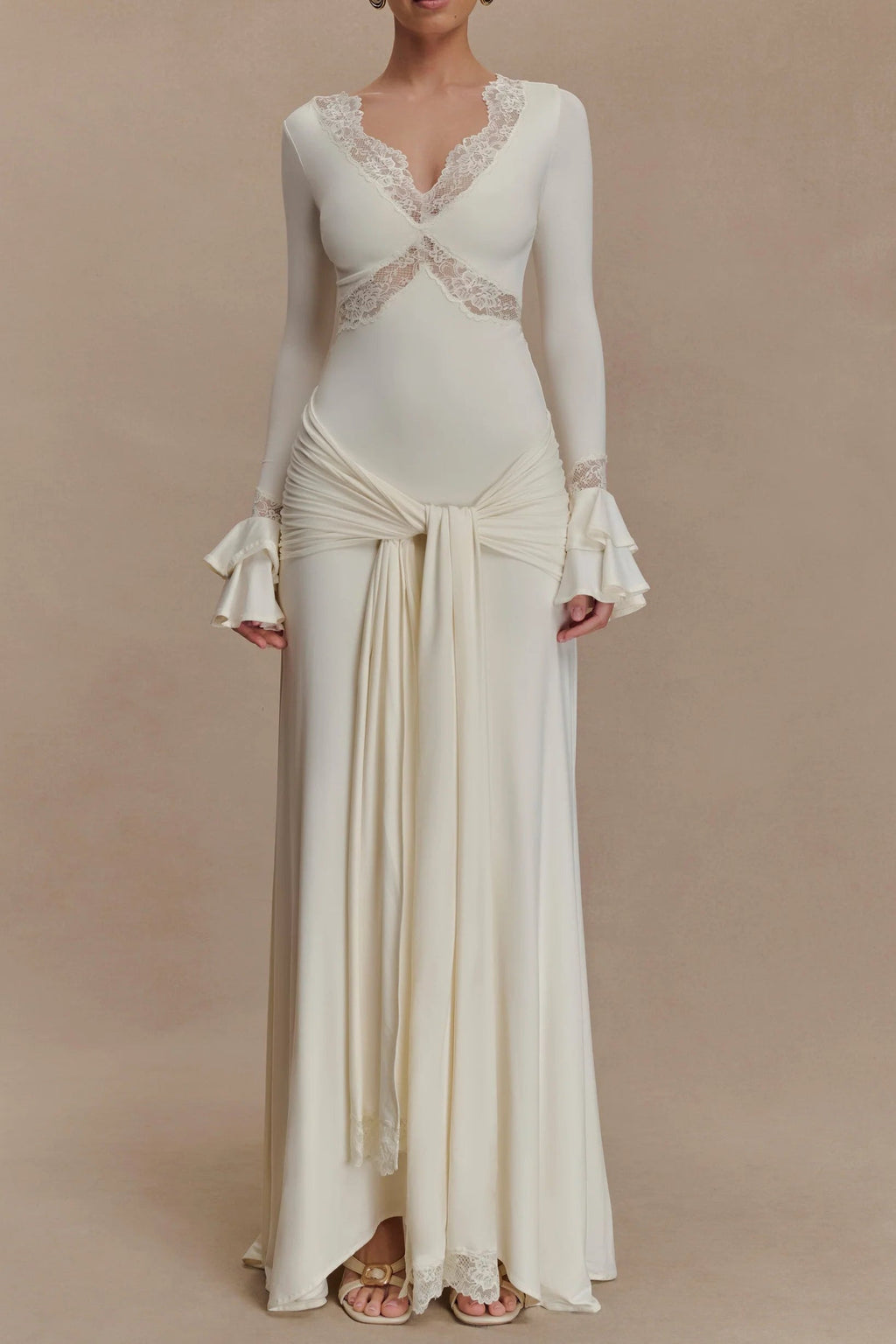 Flowering Girl Women Pamela V-Neck Lace See-Through Maxi Dress In White