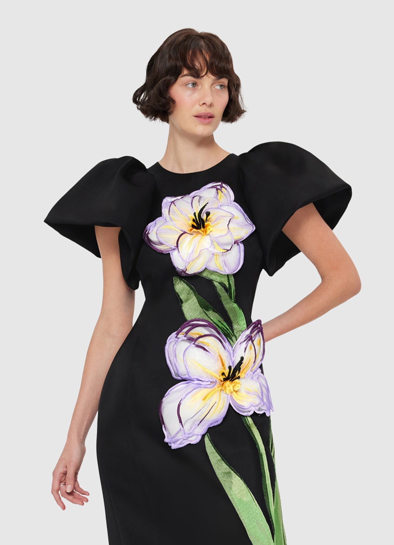 Iris Print Appliqué Floral Maxi Dress in Ebony