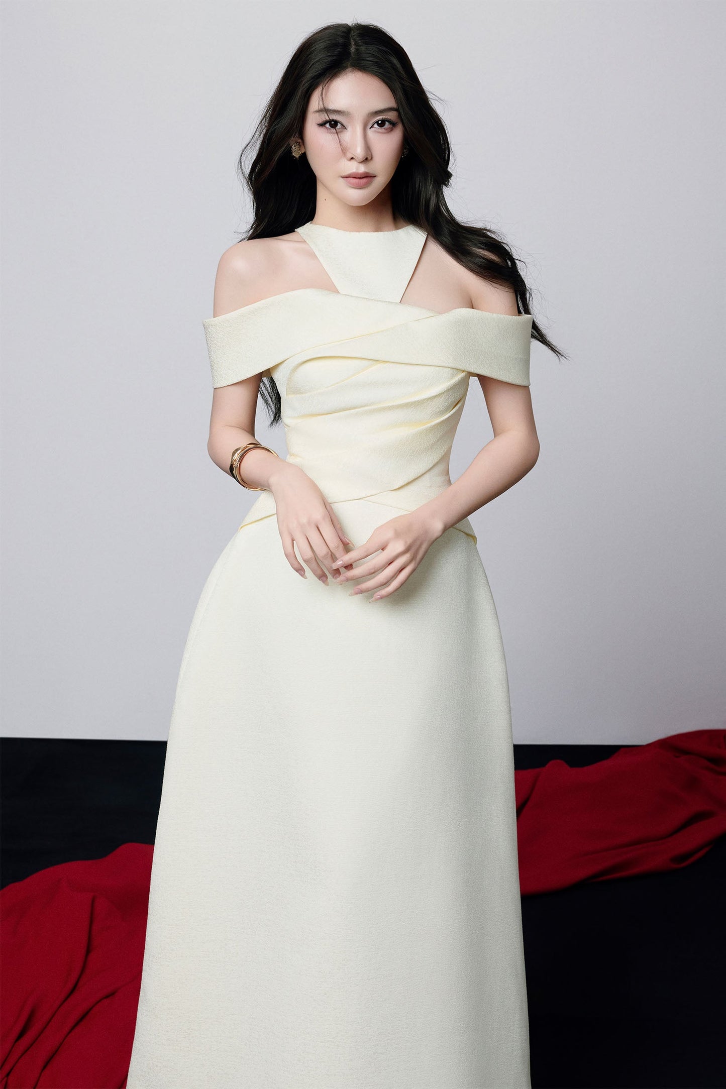 aaliyah Off-Shoulder Draped halter Midi Dress in apricot