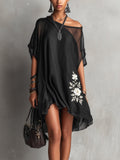 Black Asymmetric Chiffon Midi Dress with Floral Embroidery