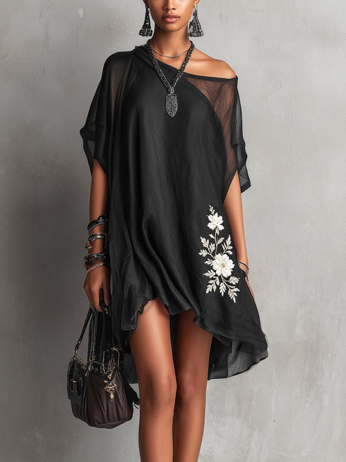 Flowering Girl Women Black Asymmetric Chiffon Midi Dress with Floral Embroidery
