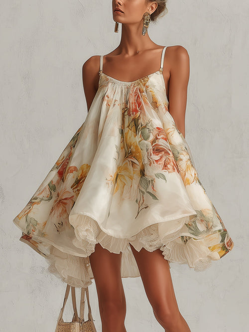 Flowering Girl Women Beige floral organza A-line mini dress with lace trim