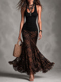 Flowering Girl Women Retro Black cami and brown printed mesh skirt set