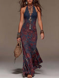 Flowering Girl Women Retro Lace Halterneck Floral Fishtail Maxi Dress