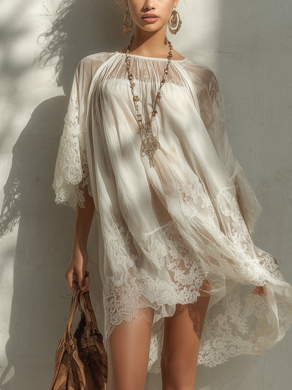 White Lace-Paneled Chiffon Mini Dress