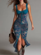 Flowering Girl Women Blue Oil Painting Floral Print Midi Dress With Lace Trim