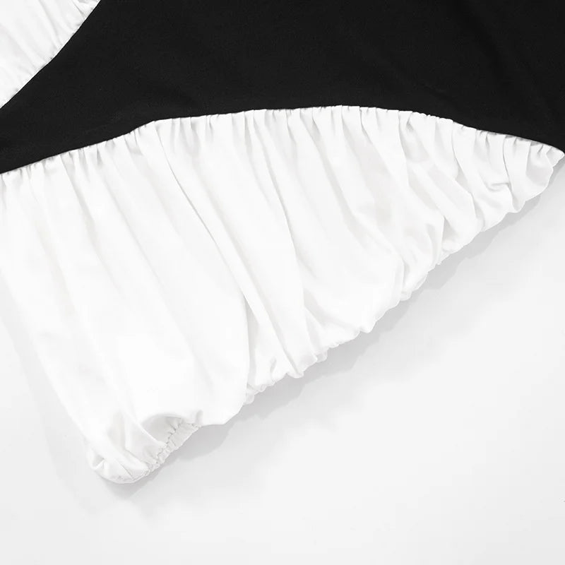 Flowering Girl Women Black-White Panel Sleeveless Gathered Halter Mini Dress