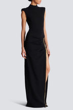 Black Sleeveless Zipper High Slit Elastic Jersey Maxi Dress