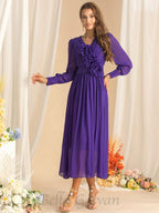 Flowering Girl Women three-dimensional flower v-neck purple chiffon maxi dress
