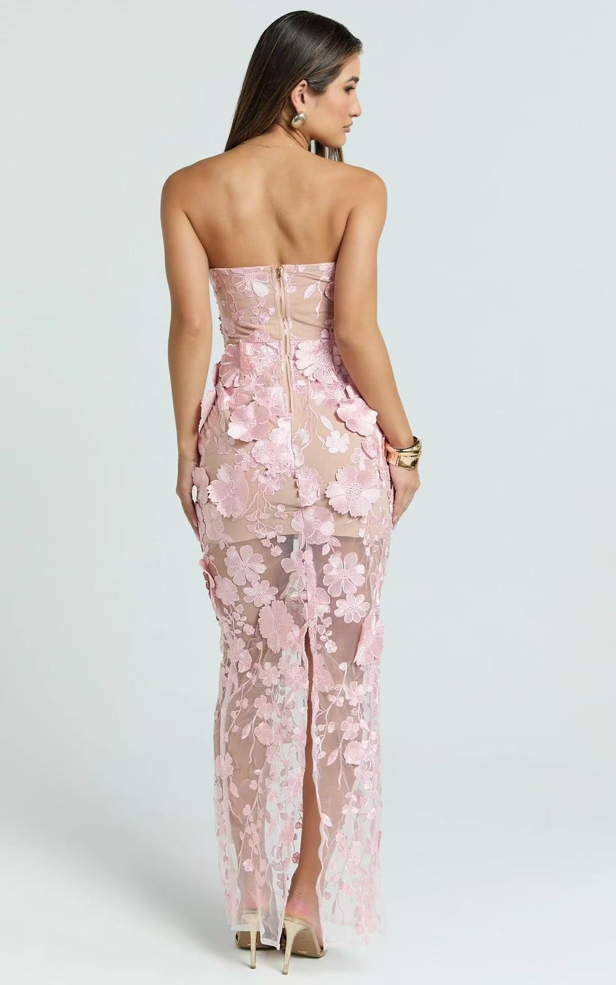 Strapless 3D Floral Mesh Maxi Dress