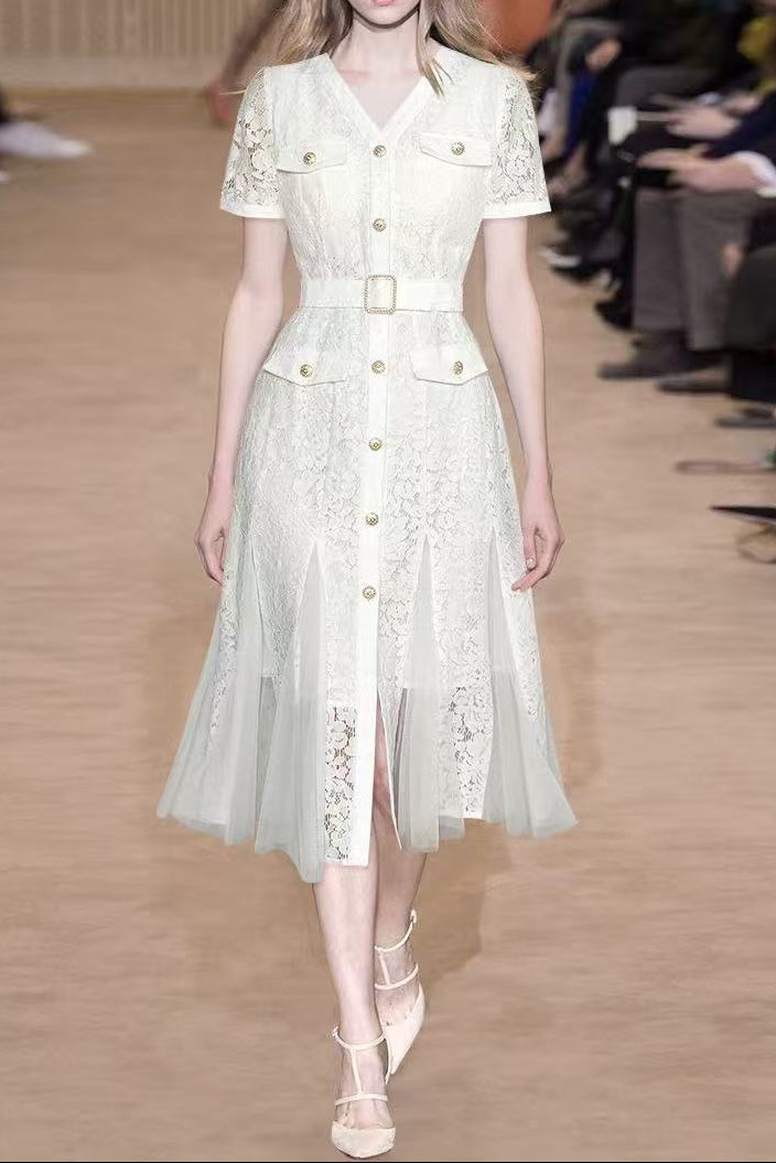 White Lace V-Neck Belted Midi Dress With Tulle Panels