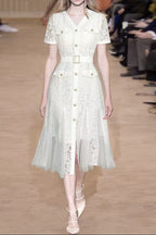 White Lace V-Neck Belted Midi Dress With Tulle Panels